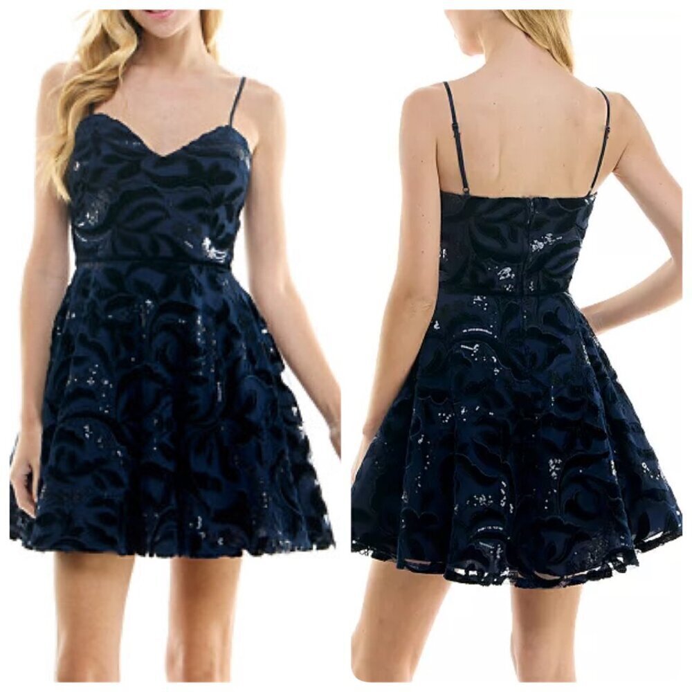 City Studio Womens Juniors Sz 7/8 Sequined Short Fit Flare Dress Navy